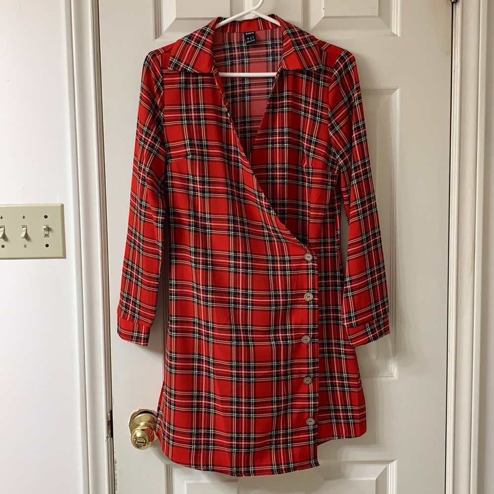 🌷3 for $25🌷SHEIN, US S, Red & Black Plaid Long Sleeved Wrap Dress, NWOT